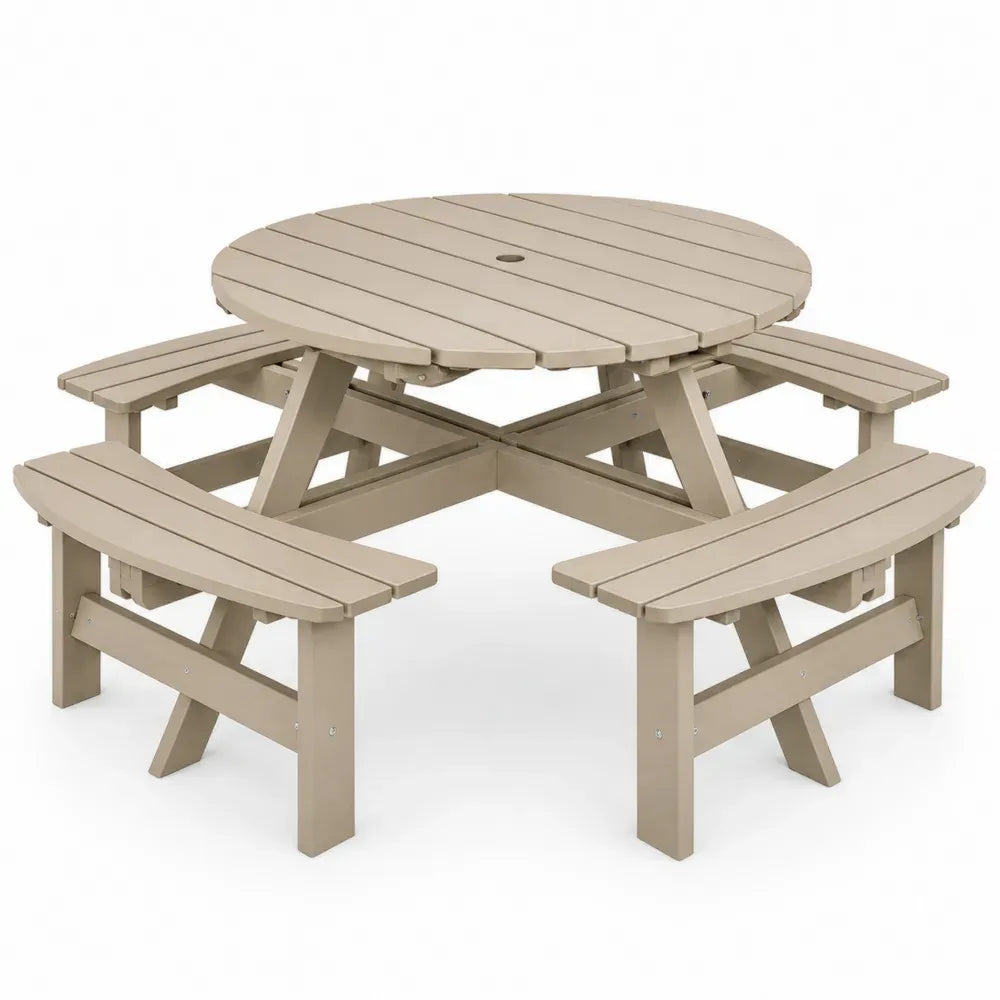 Picknicktisch Gartentisch rund mit 4 integrierten Bänken HDPE Taupe 200 x 200 x 75 cm