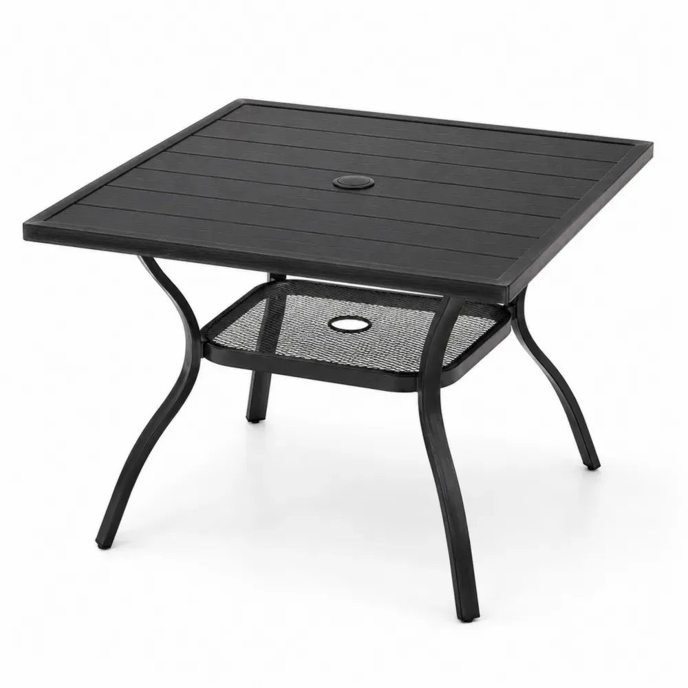 Gartentisch 100 x 100 x 74 cm pulverbeschichteter Stahl quadratisch Schwarz mit Schirmloch und Ablagegitter
