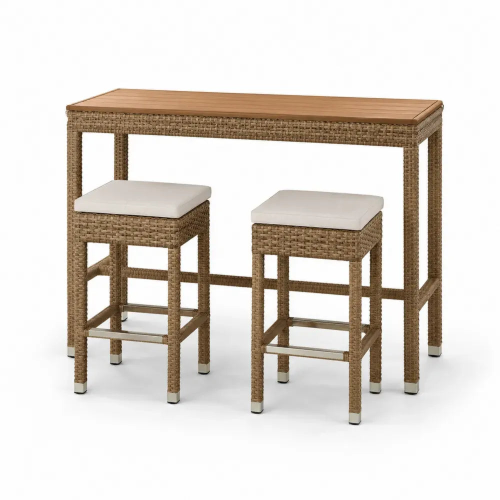Gartenbar Set 3-teilig mit Bartisch 140 x 60 x 105 cm und 2 Barhockern 40 x 40 x 75 cm PE-Rattan Akazienholz Braun Creme Silberfarben