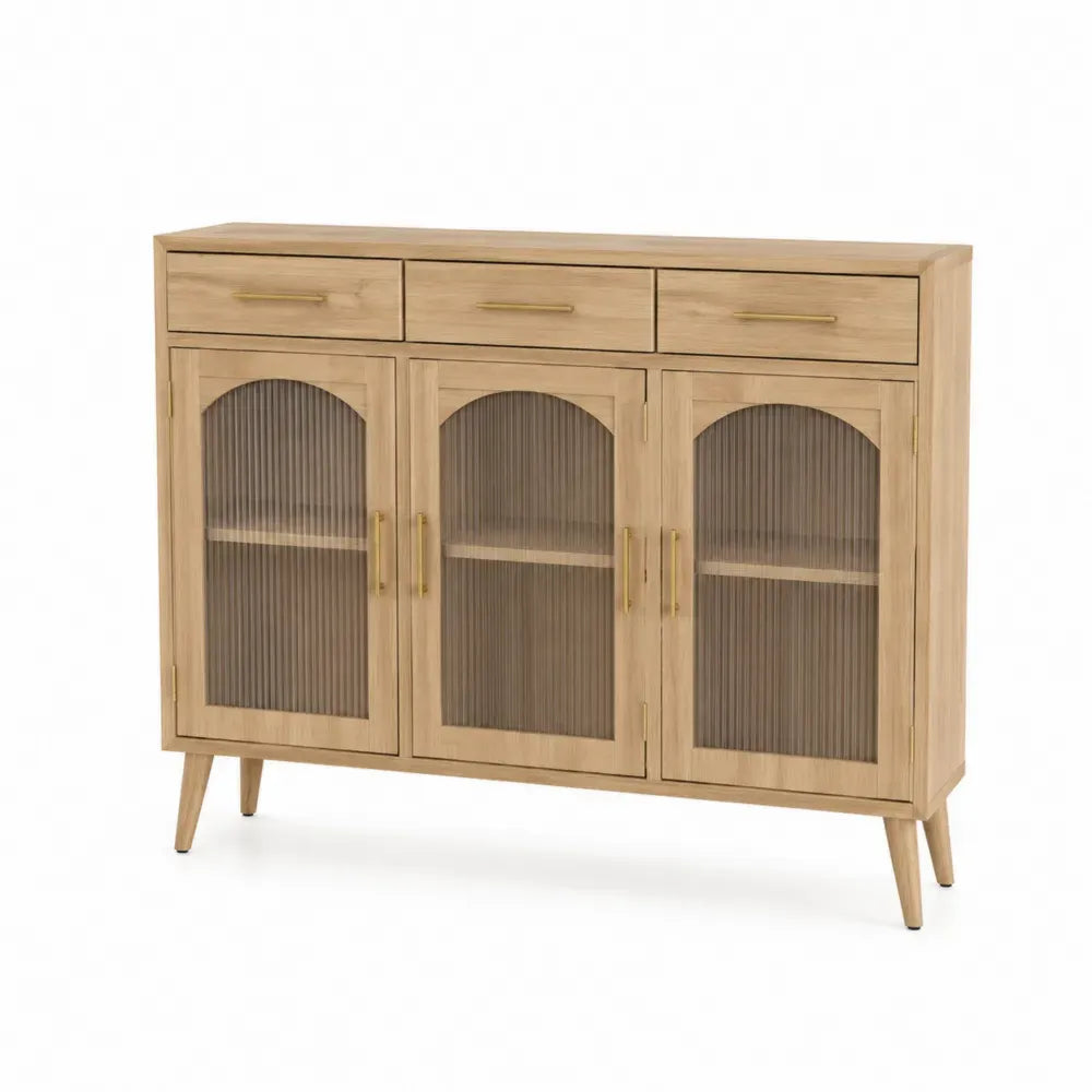 Sideboard Buffetschrank rechteckig Spanplatte MDF Riffelglas Eiche natur Gold Rauchbraun Schwarz mit 3 Schubladen 3 Türen 120 x 40 x 85 cm