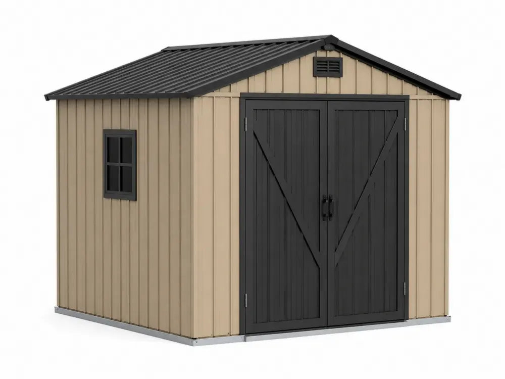 Gerätehaus Gartenschuppen Metall mit Doppeltür Fenster Satteldach verzinkter Stahl Rechteckig Beige Anthrazit Schwarz Silberfarben 277 x 255 x 202 cm