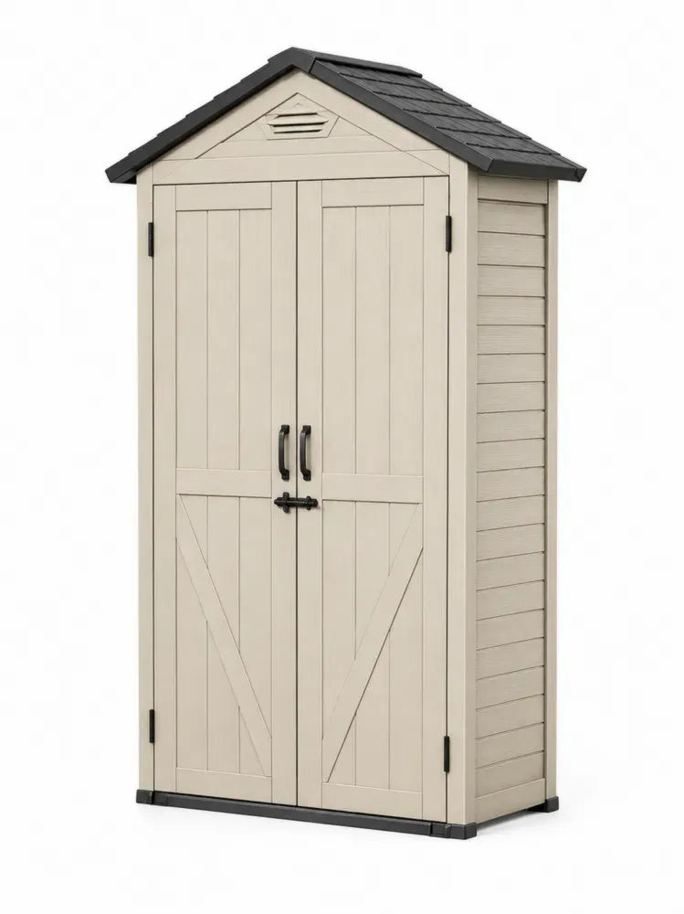 Kunststoff Gerätehaus Gartenschuppen mit Doppeltür 130 x 75 x 203 cm Polypropylen Satteldach rechteckig beige anthrazit schwarz