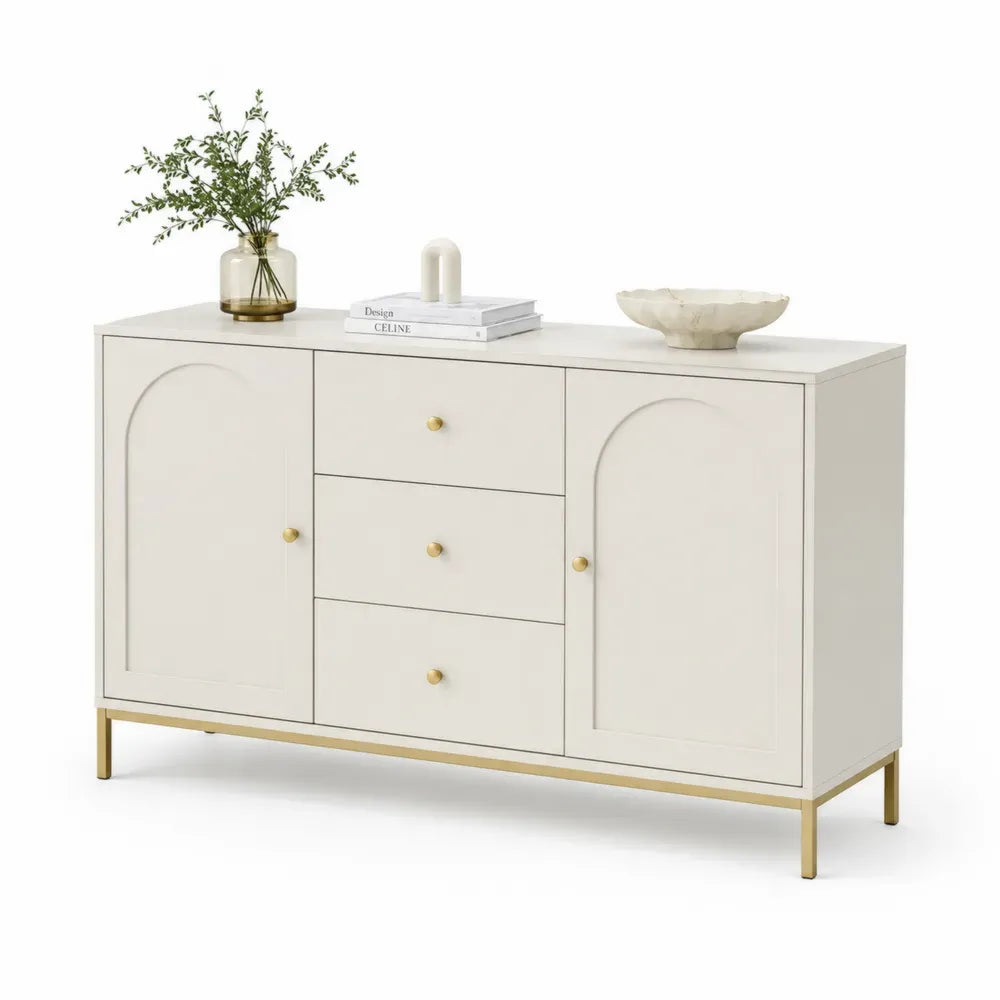 Sideboard Buffetschrank 160 x 40 x 80 cm MDF Eisenrohr 2 Türen 3 Schubladen Bogenfront Cremeweiß Goldfarben