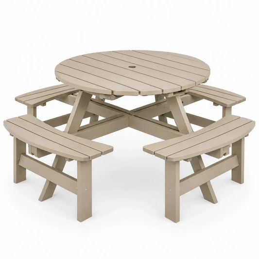 Picknicktisch Gartentisch rund mit 4 integrierten Bänken HDPE Taupe 200 x 200 x 75 cm