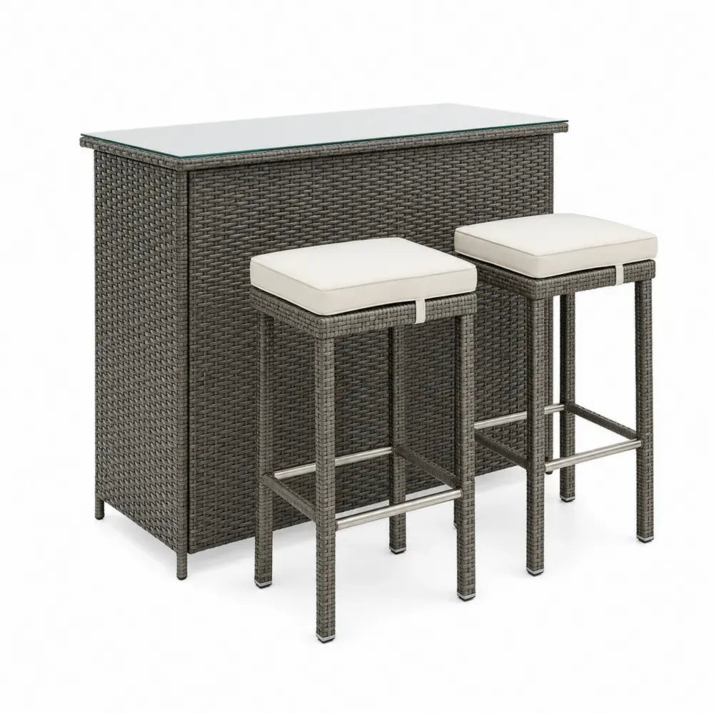 Gartenbar Set 3-teilig mit Bartisch 120 x 60 x 105 cm 2 Barhockern PE-Rattan Stahl gehärtetes Glas rechteckig Grau Creme Transparent