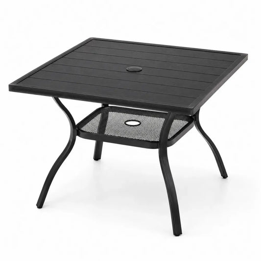 Gartentisch 100 x 100 x 74 cm pulverbeschichteter Stahl quadratisch Schwarz mit Schirmloch und Ablagegitter