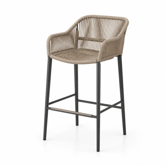 Gartenbarstuhl Thekenstuhl mit Armlehnen PE Rattan Taupe schwarzer Stahlrahmen halbrund 55 x 54 x 105 cm