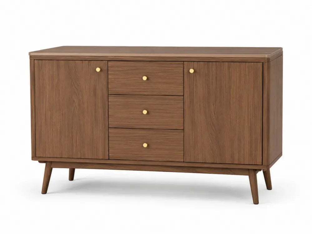 Sideboard Buffet mit 3 Schubladen und 2 Türen 140 x 40 x 80 cm Spanplatte Walnussdekor rechteckig Walnussfarben Goldfarben