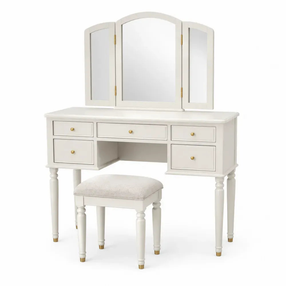 Schminktisch Set mit Hocker und 3 Spiegeln 100 x 40 x 145 cm MDF Gummibaumholz Spiegelglas Polyester rechteckig Cremeweiß Goldfarben Beige