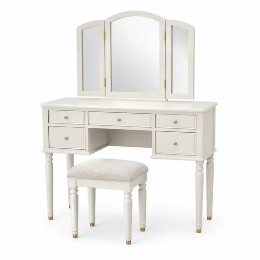 Schminktisch Set mit Hocker und 3 Spiegeln 100 x 40 x 145 cm MDF Gummibaumholz Spiegelglas Polyester rechteckig Cremeweiß Goldfarben Beige