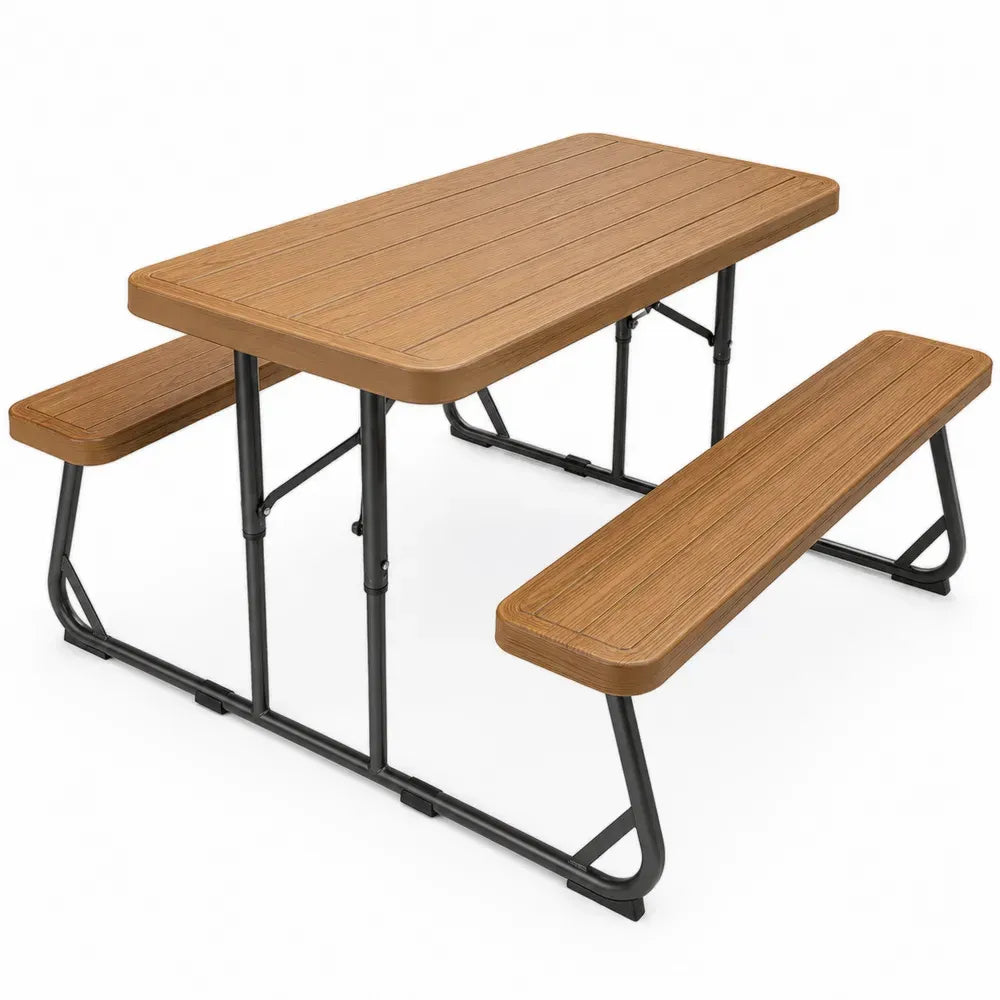 Picknicktisch Sitzgruppe 3 teilig rechteckig 120 x 135 x 75 cm aus HDPE und pulverbeschichtetem Stahl Holzoptik Braun Schwarz