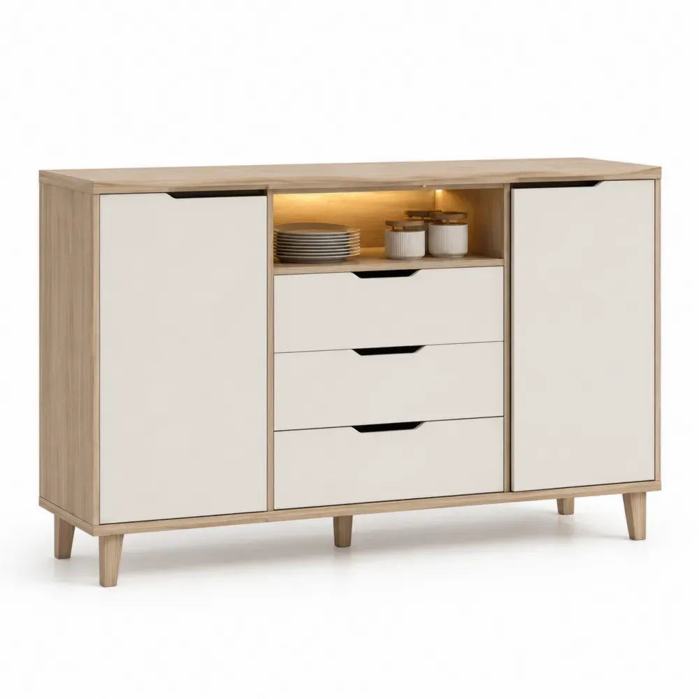 Sideboard Buffetschrank rechteckig Spanplatte MDF Eiche hell Cremeweiß Schwarz mit 2 Türen 3 Schubladen offener Ablage LED Beleuchtung 140 x 40 x 82 cm