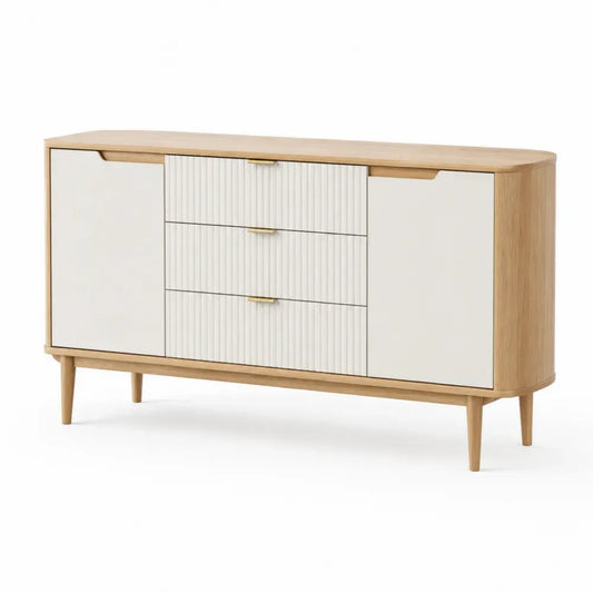 Sideboard Buffetschrank 160 x 40 x 80 cm MDF mit Eiche hell Dekor 2 Türen 3 Schubladen geriffelte Fronten Weiß Goldfarben