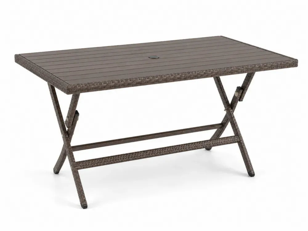 Gartentisch Esstisch rechteckig 160 x 90 x 74 cm mit Schirmloch WPC Tischplatte PE-Rattan und Stahl Braun Dunkelbraun