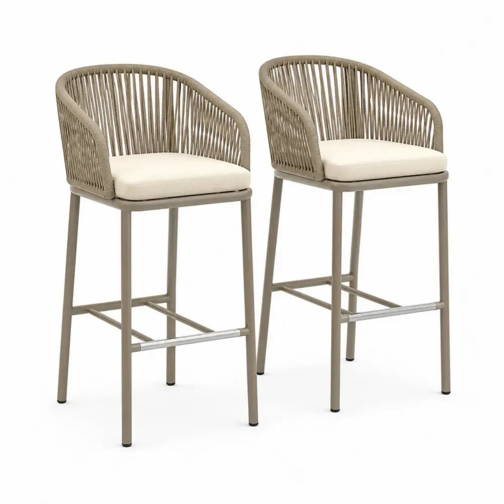 2er Set Gartenbarstühle mit Armlehnen Aluminium PE Seilgeflecht Creme Taupe Silberfarben Schwarz 55 x 58 x 110 cm