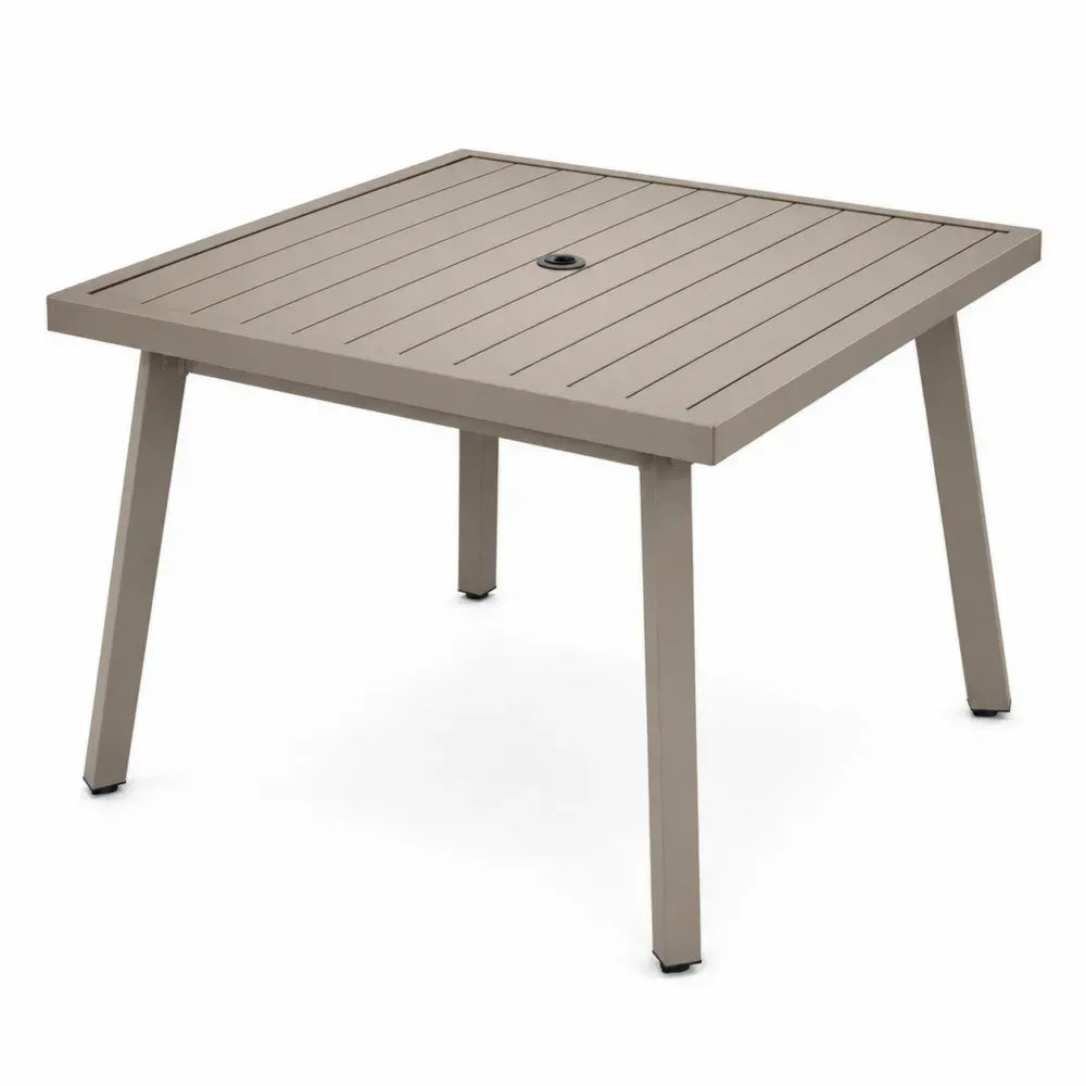 Gartentisch quadratisch mit Schirmloch 100 x 100 x 74 cm Aluminium Lamellenplatte Taupe Schwarz