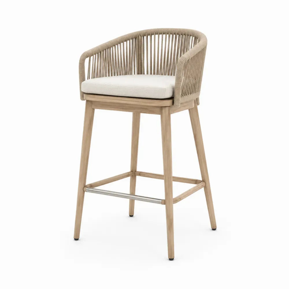 Gartenbarhocker mit Sitzkissen 58 x 54 x 105 cm Akazienholz Polypropylen-Seil halbrund Natur Beige Creme Silberfarben Schwarz