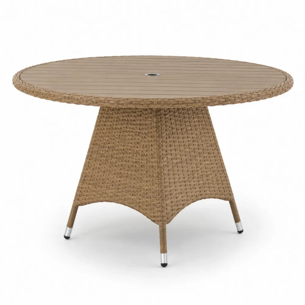 Gartentisch Esstisch rund Ø 120 cm Höhe 74 cm mit Schirmloch WPC Tischplatte PE-Rattan und Stahl Naturbraun Taupe