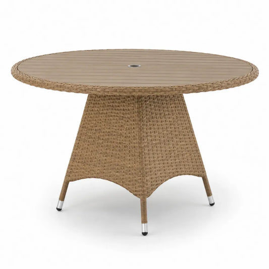 Gartentisch Esstisch rund Ø 120 cm Höhe 74 cm mit Schirmloch WPC Tischplatte PE-Rattan und Stahl Naturbraun Taupe
