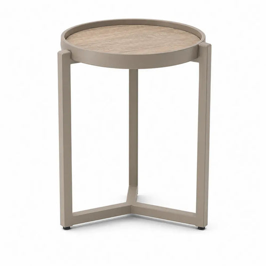 Gartentisch Beistelltisch rund Ø 50 cm Höhe 60 cm mit Tablettkante HPL Tischplatte und Aluminium Taupe Hellbraun
