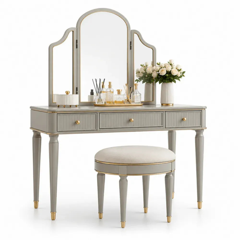Schminktisch Set mit Hocker und dreiteiligem Spiegel 110 x 45 x 145 cm MDF Spiegelglas Gummibaumholz Grau Goldfarben Cremeweiß