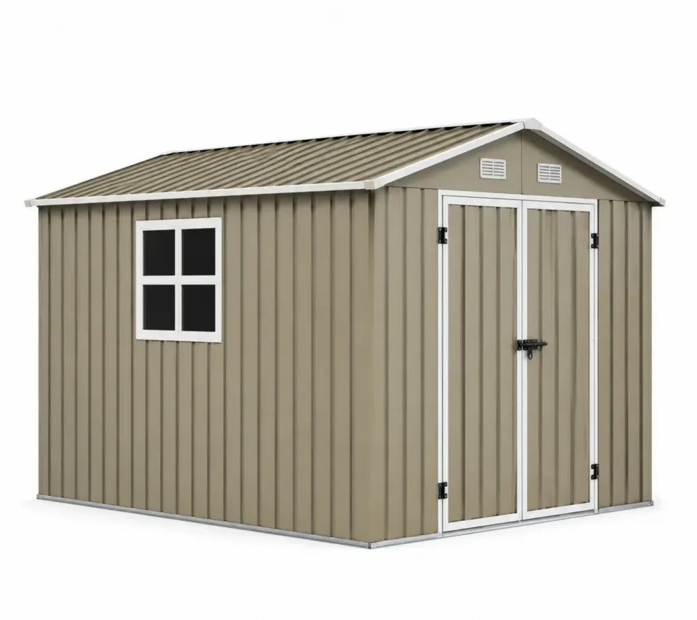 Gerätehaus Gartenschuppen Metall mit Doppeltür Fenster Satteldach verzinkter Stahl Beige Weiß Schwarz Silberfarben 277 x 319 x 202 cm