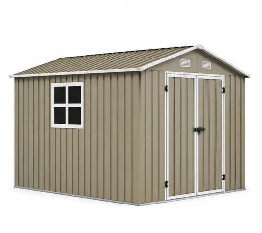 Gerätehaus Gartenschuppen Metall mit Doppeltür Fenster Satteldach verzinkter Stahl Beige Weiß Schwarz Silberfarben 277 x 319 x 202 cm