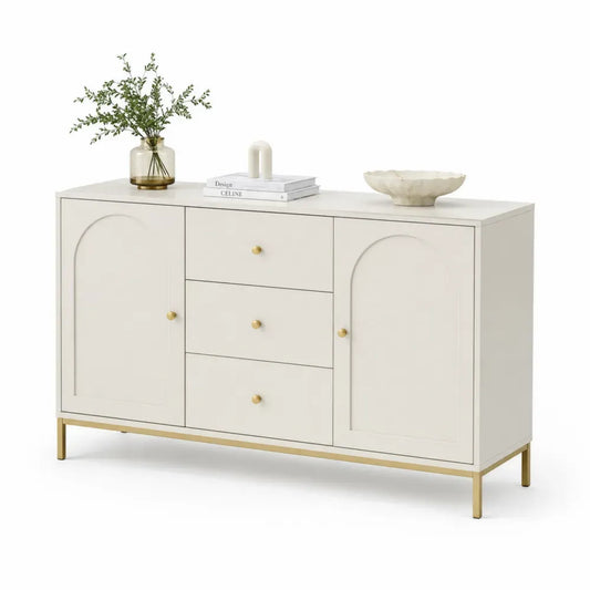 Sideboard Buffetschrank 160 x 40 x 80 cm MDF Eisenrohr 2 Türen 3 Schubladen Bogenfront Cremeweiß Goldfarben